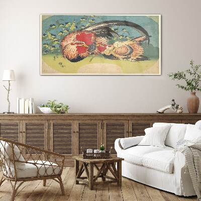 Tableau verre imprimé Coq et poulet dans le jardin