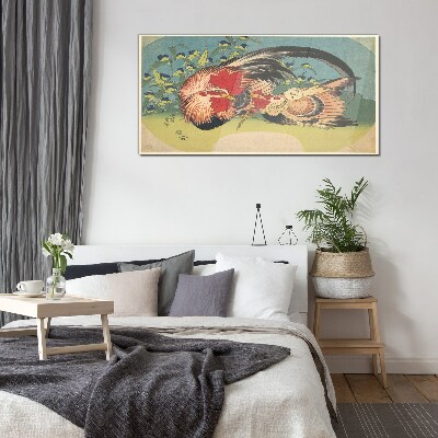 Tableau verre imprimé Coq et poulet dans le jardin