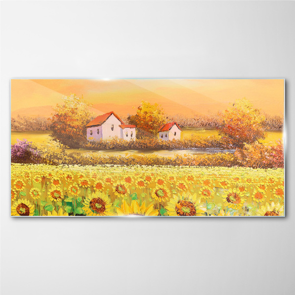 Tableau en verre Champs de tournesols et maisons de campagne