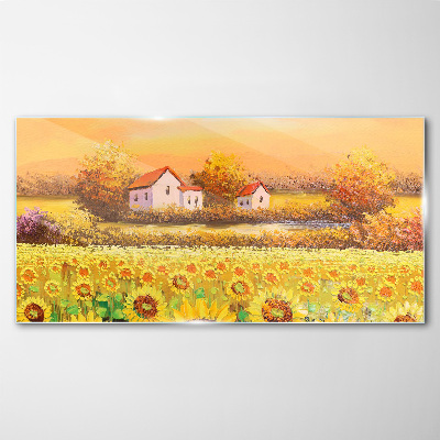 Tableau en verre Champs de tournesols et maisons de campagne
