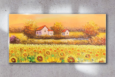 Tableau en verre Champs de tournesols et maisons de campagne