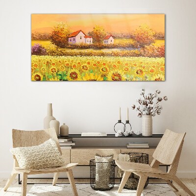 Tableau en verre Champs de tournesols et maisons de campagne