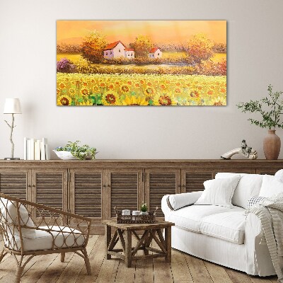 Tableau en verre Champs de tournesols et maisons de campagne