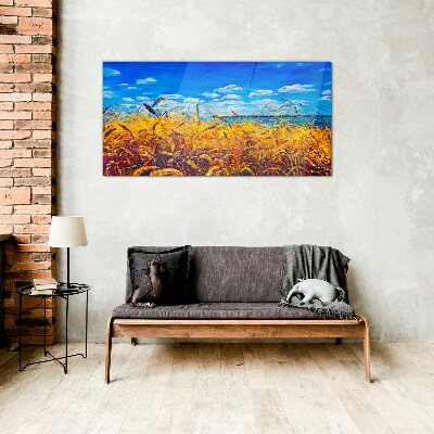 Tableau imprimé sur verre Champs dorés sous un ciel bleu