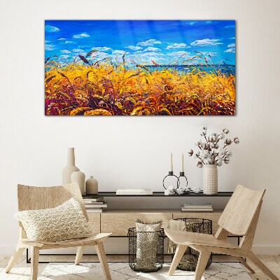 Tableau imprimé sur verre Champs dorés sous un ciel bleu