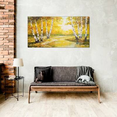 Tableau sur verre Automne doré parmi les bouleaux