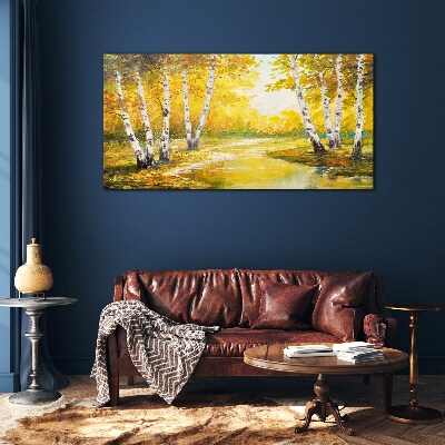 Tableau sur verre Automne doré parmi les bouleaux