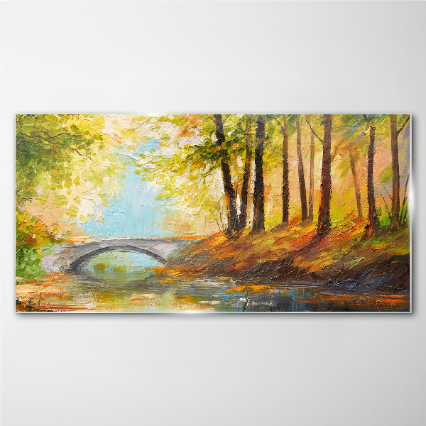 Tableau imprimé sur verre Un pont dans la forêt d'automne