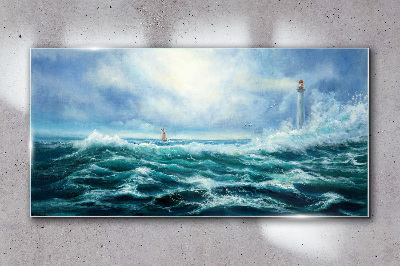 Tableau sur verre Mer agitée avec phare