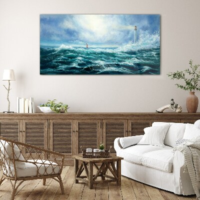Tableau sur verre Mer agitée avec phare