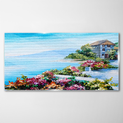 Tableau en verre Paysage de bord de mer avec des fleurs