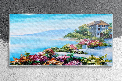 Tableau en verre Paysage de bord de mer avec des fleurs