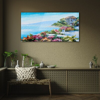 Tableau en verre Paysage de bord de mer avec des fleurs