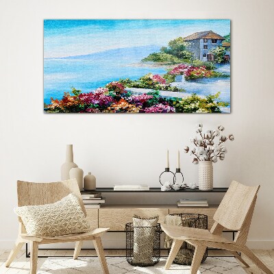 Tableau en verre Paysage de bord de mer avec des fleurs