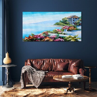 Tableau en verre Paysage de bord de mer avec des fleurs