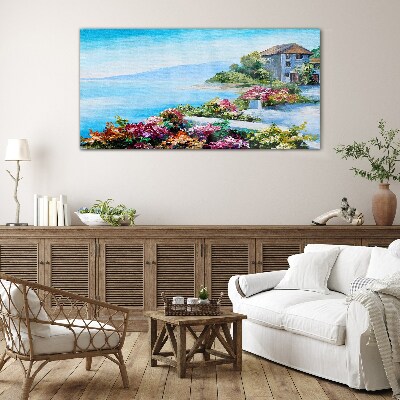 Tableau en verre Paysage de bord de mer avec des fleurs