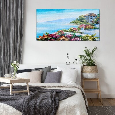 Tableau en verre Paysage de bord de mer avec des fleurs