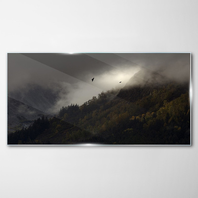 Tableau verre imprimé Panorama de montagne brumeux avec des oiseaux