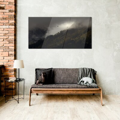 Tableau verre imprimé Panorama de montagne brumeux avec des oiseaux