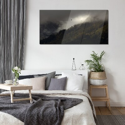 Tableau verre imprimé Panorama de montagne brumeux avec des oiseaux