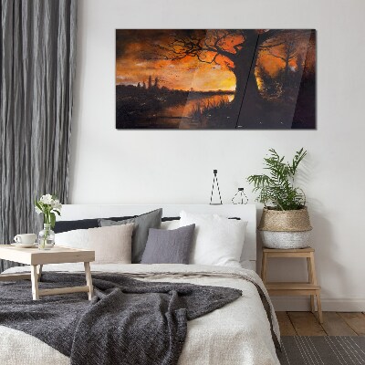 Tableau en verre L'heure dorée au bord du lac