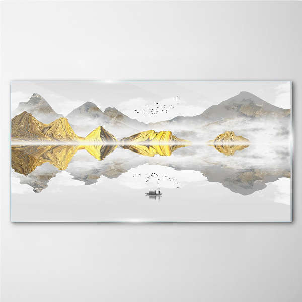 Tableau imprimé sur verre Montagnes dorées dans un reflet mystique