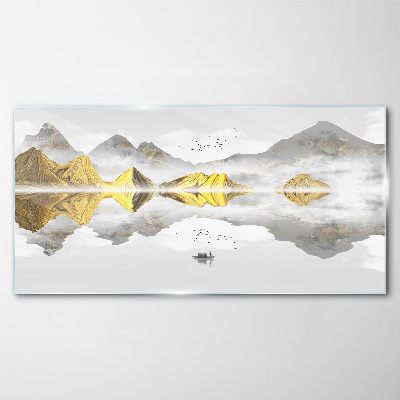 Tableau imprimé sur verre Montagnes dorées dans un reflet mystique