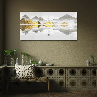 Tableau imprimé sur verre Montagnes dorées dans un reflet mystique