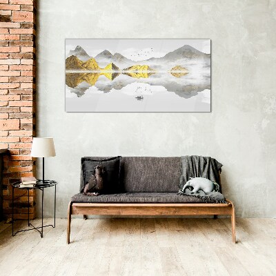 Tableau imprimé sur verre Montagnes dorées dans un reflet mystique