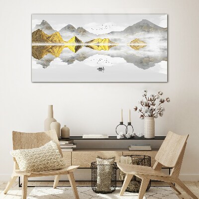 Tableau imprimé sur verre Montagnes dorées dans un reflet mystique