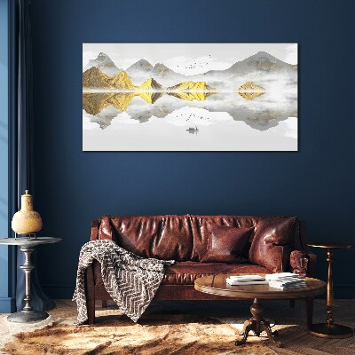 Tableau imprimé sur verre Montagnes dorées dans un reflet mystique