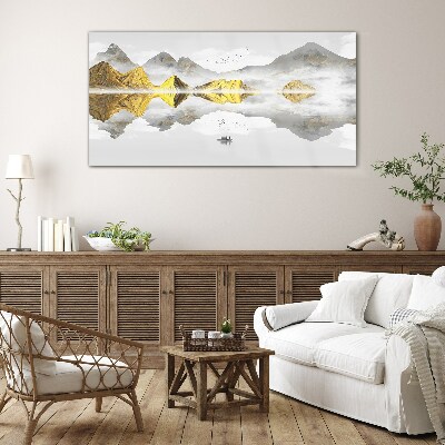 Tableau imprimé sur verre Montagnes dorées dans un reflet mystique
