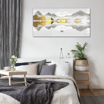 Tableau imprimé sur verre Montagnes dorées dans un reflet mystique