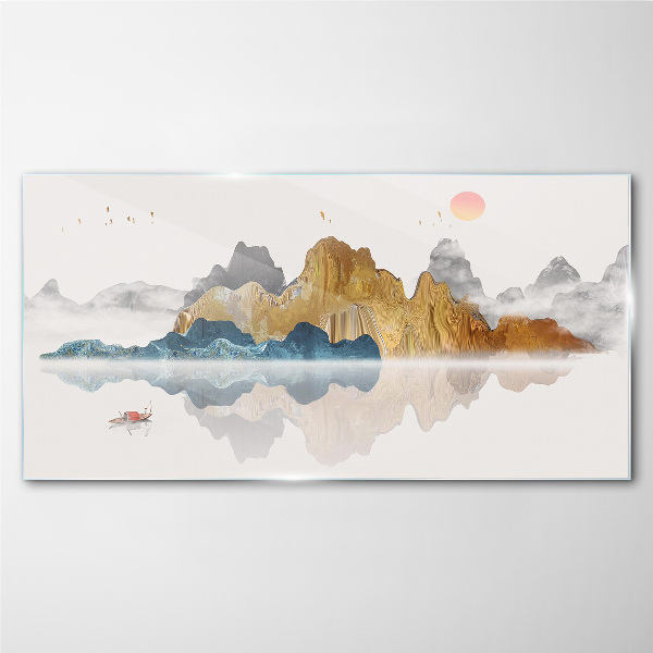 Tableau verre imprimé Paysage de montagne paisible avec un bateau