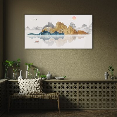 Tableau verre imprimé Paysage de montagne paisible avec un bateau