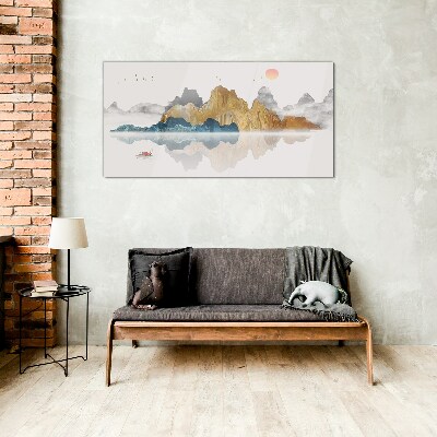 Tableau verre imprimé Paysage de montagne paisible avec un bateau
