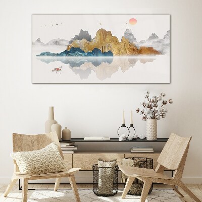 Tableau verre imprimé Paysage de montagne paisible avec un bateau