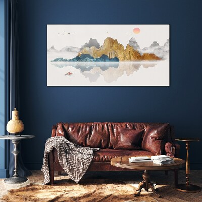 Tableau verre imprimé Paysage de montagne paisible avec un bateau