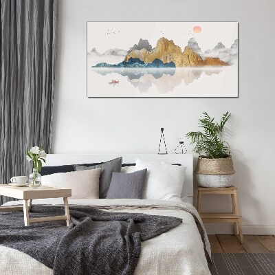Tableau verre imprimé Paysage de montagne paisible avec un bateau