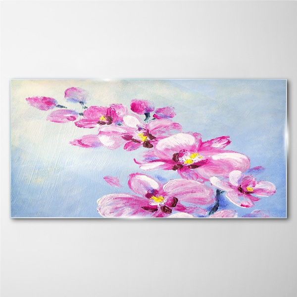 Tableau en verre Orchidées roses sur fond bleu