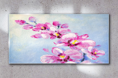 Tableau en verre Orchidées roses sur fond bleu