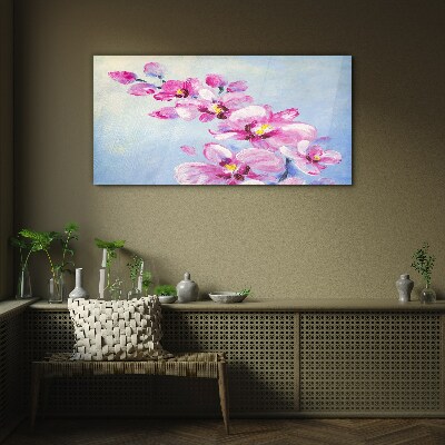 Tableau en verre Orchidées roses sur fond bleu