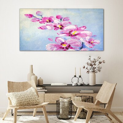 Tableau en verre Orchidées roses sur fond bleu