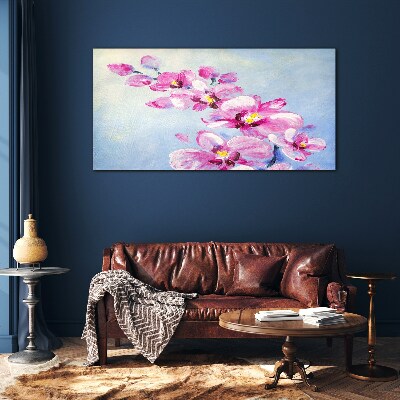 Tableau en verre Orchidées roses sur fond bleu