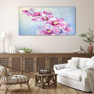 Tableau en verre Orchidées roses sur fond bleu