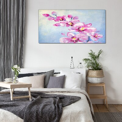 Tableau en verre Orchidées roses sur fond bleu