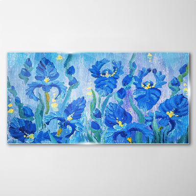 Tableau verre imprimé Iris bleus sur fond bleu