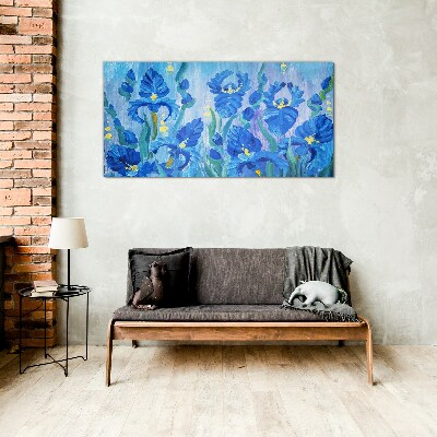 Tableau verre imprimé Iris bleus sur fond bleu