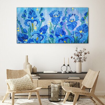 Tableau verre imprimé Iris bleus sur fond bleu