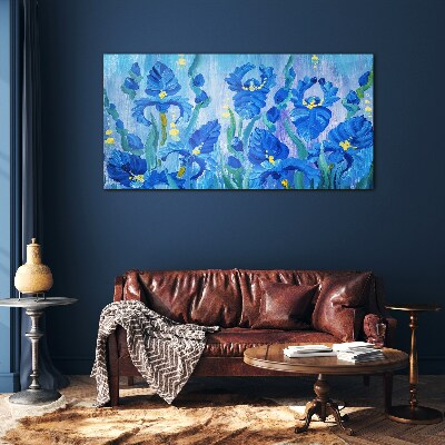 Tableau verre imprimé Iris bleus sur fond bleu